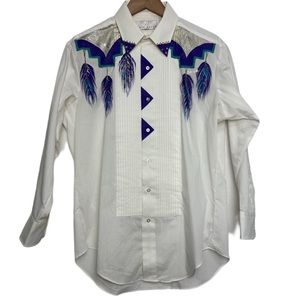 Vintage Neil Allyn Tuxedo Style Hand Painted Native American Feather Button Up